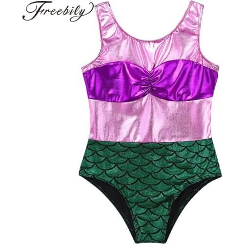 Kids Mermaid Dancewear Sleeveless Metallic Scales Printed Professional Ballet Gymnastics Leotards for Girls Dance Class Costume