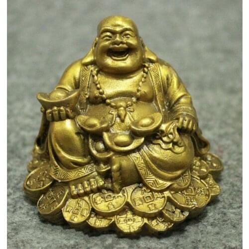 Chinese Brass Buddhism Wealth Coin YuanBao Happy Laughing Maitreya Buddha Statue