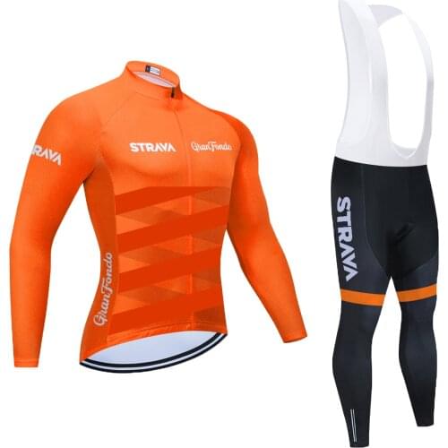 Spring Autumn 2021 STRAVA Team Cycling Jersey Long Sleeve Set ORANGE SPAIN Cycling Clothing Road Bike Suit MTB Maillot 20D GEL