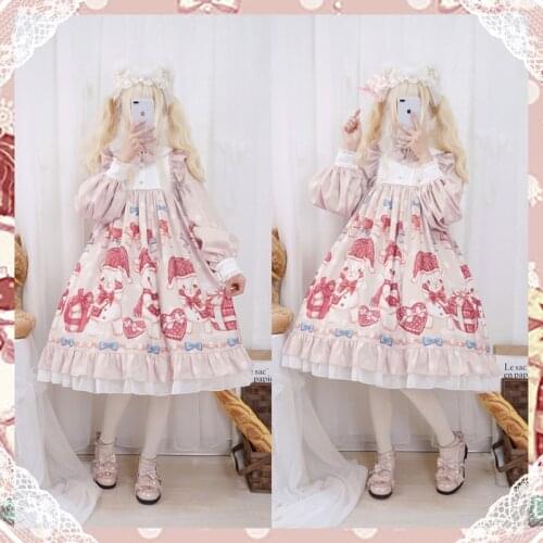 Teddy Bear Sweet Womens Lolita OP Dress Long Sleeve Dress Lantern Sleeve Cute Bows Trim Princess Dress One Piece