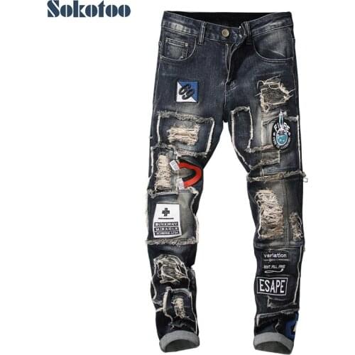 Sokotoo Mens badge patchwork ripped embroidered stretch jeans Trendy holes patches design slim straight denim pants