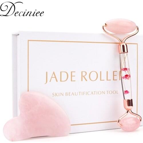 Natural Rose Quartz Roller Gua Sha Set Petal Handle Facial Beauty Roller Anti Aging for Puffiness Gua Sha for Face Neck Body