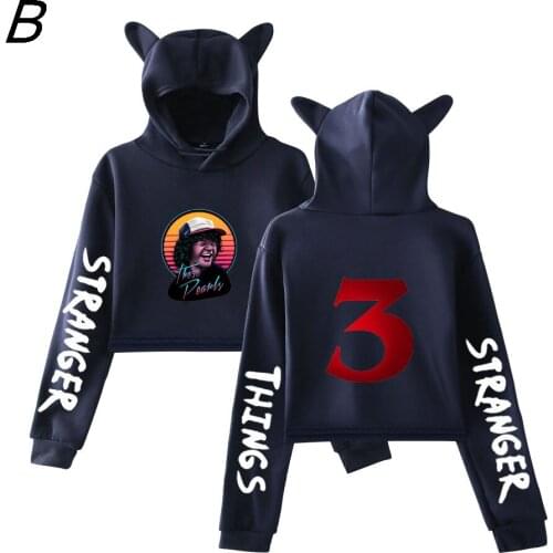 New Hot Sale Stranger Things 3 Cat Ears High Waist Hoodie Kitten Gray Sweatshirt Printed Popular Fashion Women Cool Letter Hoody