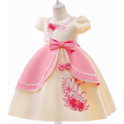 New Short Sleeve Girls Dress 5 Color Elegant Christmas Princess Dresses Sweet Lace Floret Wedding Party Dress For Girls 4-9 Year