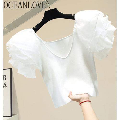OCEANLOVE Knitted Slim Women T Shirts Ruffles V Neck Summer Vintage Sexy Short Camisetas De Mujer Korean Solid Ropa Mujer Sweet