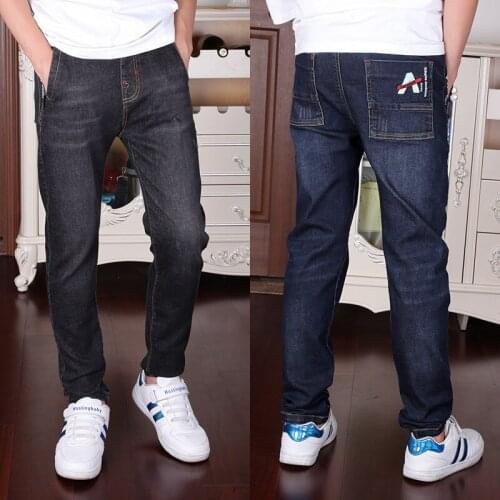 4-18T Boys Denim Pants For Spring Autumn 2020 New Black/ Dark Blue Casual Elastic Waist Letters Printed Boy Cowboy Pants