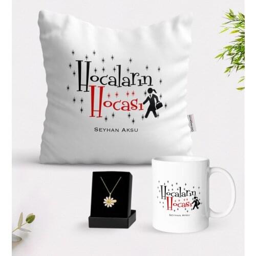 Personalized Hocaların Mentor White Mug Cushion and Is Daisy Necklace Gift Seti-2