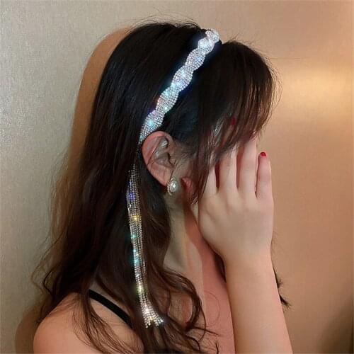 Korea Style Long Tassel Asymmetry Rhinestone Headband for Women Black Velvet HairClip Wedding Hair Accessories Jewelry Gifts