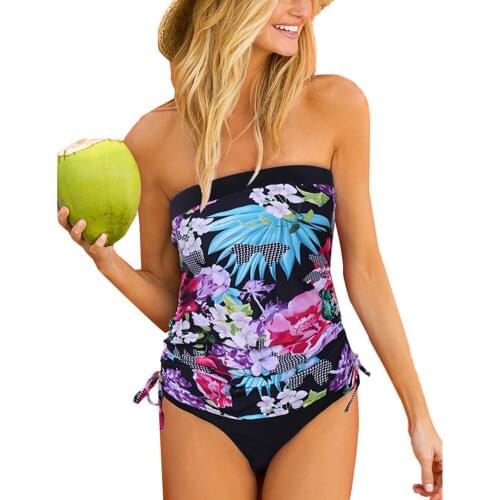 Sexy Women Swimsuit Bandeau Floral Print Strapless Drawstring Lace Up Bikini Set Swimming Suit For Women Beach Bathingsuits