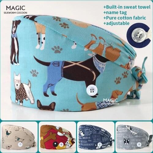 Operating Room Working Hats Cartoon Print Beauty Caps Scrub Cap Lab Hat New Scrub Hat Fashion Medical Nursing Cap with Sweatband