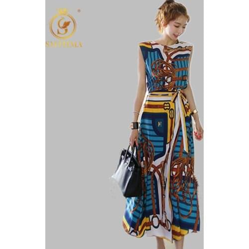 SMTHMA 2019 High Quality Single breasted sleeveless summe Women printing tops+ Elastic waist Two Piece Skirt Suit