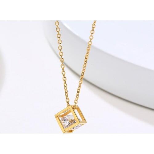 Stylish Cube Pendant Cubic Zirconia Necklace Women Square Necklace Geometric Collier Stainless Steel Jewelry