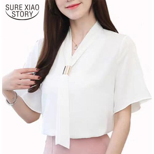 Top Women Korean Style Chiffon Womans Blouse Short-Sleeved Slim Elegant Womens Tops and Blouses Womens White Shirt 8908 50