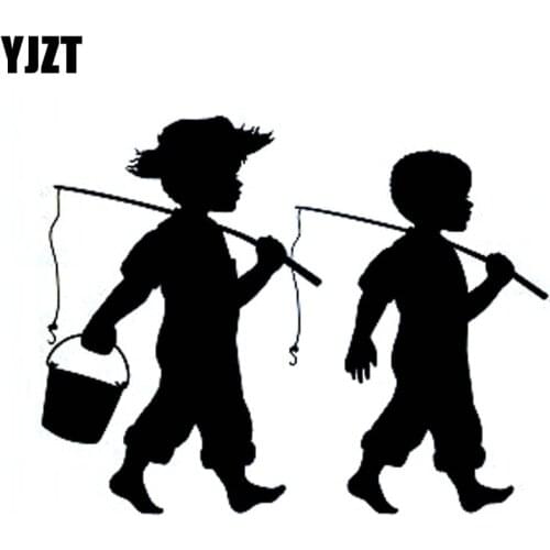 YJZT 14cm*11cm Fun Little Boys Going Fishing Fish Kids Vinyl Car-styling Car Sticker Decals Black Silver C11-0079