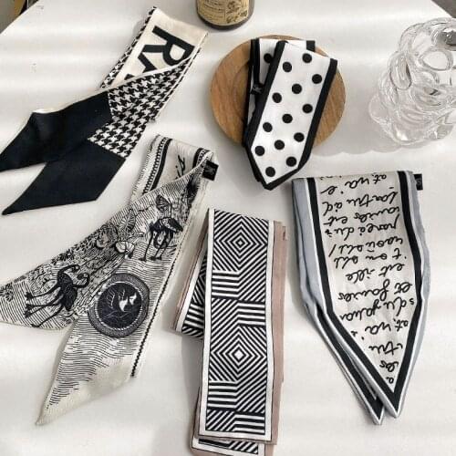 Lady Long Skinny Silk Scarf Hairband Neck Tie Design Print Luxury Brand Hair Hoop Accessories Cool Girl Scarves Summer 2021