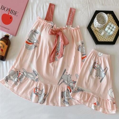 Womens Short Pajama Set Cute Cartoon Print Tee and Shorts Sleepwear Pjs Set Tie Bow Front Ruffles Girls Nightie with Chest Pads