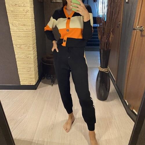 Knitted Ribbed Cardigan Two Piece Set Women Drawstring High Waist Joggers Pants Suit Female 2021 Autumn Casual Ladies Sets