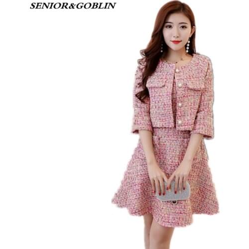 2019 New Autumn Runway Tweed 2 Piece Set Dress Designer Winter Women Red Short Jacket Coat +Mini Tank Sexy Wool Blend Suits S-XL