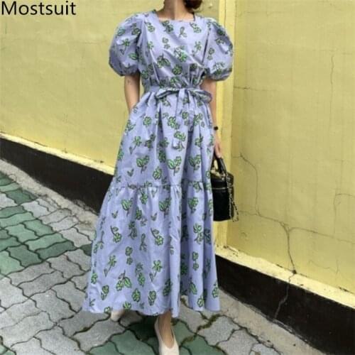 Printed Korean Chic Women Dress Short Sleeve O-neck Belted Midi Dresses Vintage Elegant Ladies Vestidos Femme 2021