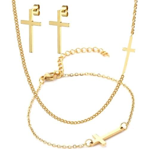 316L Stainless Steel Simple Cross Pendant Stainless Steel Choker Short Necklace Bracelet Set No Fade