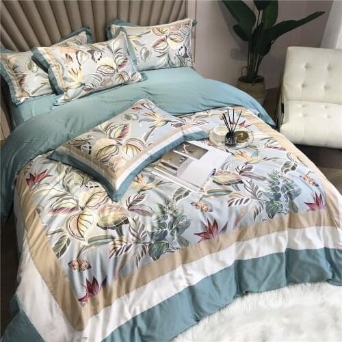 Luxury Digital Printing 60S Egyptian cotton Bedding sets Queen King Pastoral Duvet cover Bed sheet set Pillowcases 4pc blue leaf