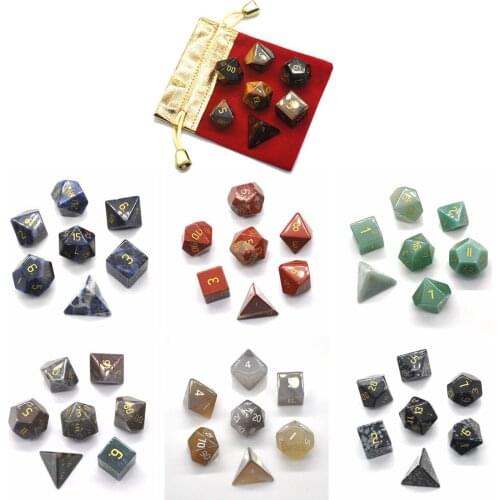 7pcs/set Polyhedral Dice Set with Pouch D4 D6 D8 D10 D% D12 D20 DND RPG Table Games Natural Healing Crystals Stone Energy Chakra