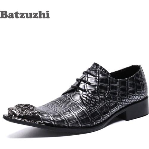 Batzuzhi Leather Dress Shoes Men Handmade Men Shoes Pointed Metal Tip Business Lace-up zapatos de hombre, Big Size 38-46