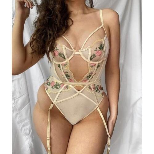 Sexy Lace Embroidery See Through Bodysuit Lingerie for Women Hollow Out One Piece Bodysuits Exotic Teddies Temptation Underwear