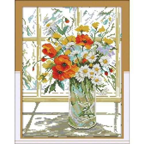 Flower Vase on Windowsill Canvas Cross Stitch Kits Crafts Accurate Printed Embroidery DIY Handmade Needle Work Home Decor