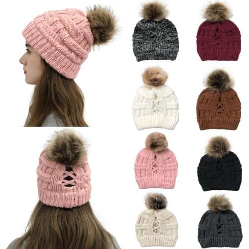 HanXi Bamboo Plaid Pattern Ponytail Beanie Pompon Hats for Women New Cross Criss Skullie Girls Warm Ski Cap