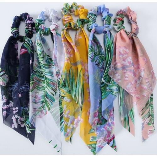 Fashion Floral Tropical Leaf Print Scrunchies Long Hair Ribbon For Women Ponytail Scarf Sweet Elastic Hair Band Hair Accessories