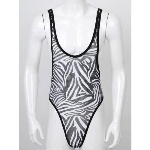 Iiniim Male Sheer Mesh Zebra Bodysuit Romper Skinny Teddies Singlet Lingerie Jockstraps Pouch Sexy for Man Bodystocking Catsuit