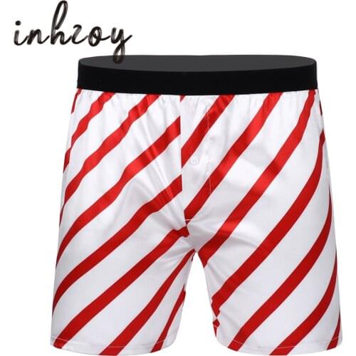 Men Sexy Lingerie Smooth Silky Satin Striped Christmas Underwear Lounge Loose Boxer Shorts Xmas Costume Rave Party Underpants