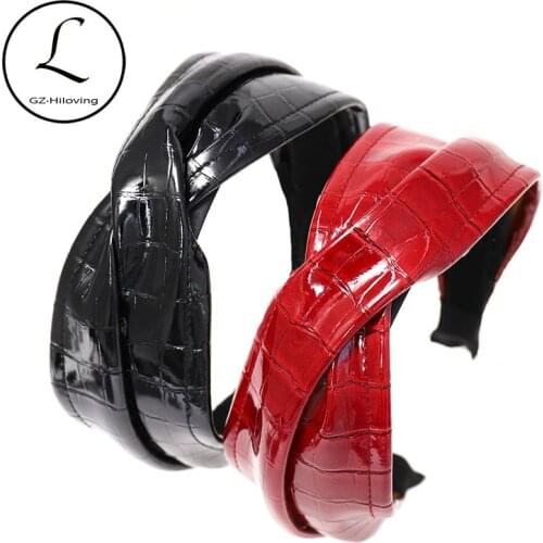 Winter Black Women PU Leather Headband Hairband for Ladies Autumn Cross Knotted Hair Hoops Accessories Girls Party Headdress