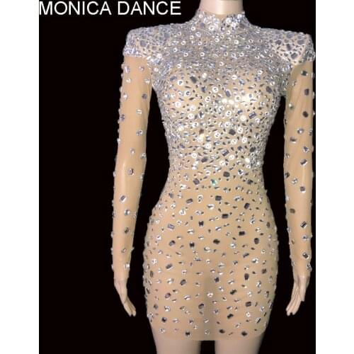 Sexy Bright Silver Rhinestones Long Sleeves Dress Stretch Transparent Dress Birthday Celebrate Dresses Evening Collections
