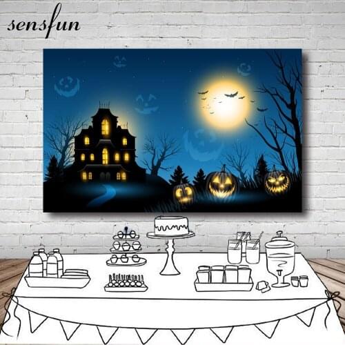 Sensfun Halloween Backdrop For Photo Studio Moon Night Building Pumpkin Lantern Tree Photography Backgrounds Vinyl Polyester