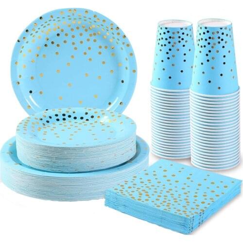 Party tableware high quality straw paper cup banner blue bronzing boy birthday party decoration christmas gift baby shower