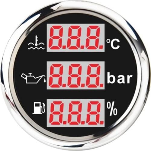 Universal 52mm 3 in 1 Multi-Function Digital Gauge Waterproof Water Temp Oil Pressure Fuel Level Gauge with Alarm