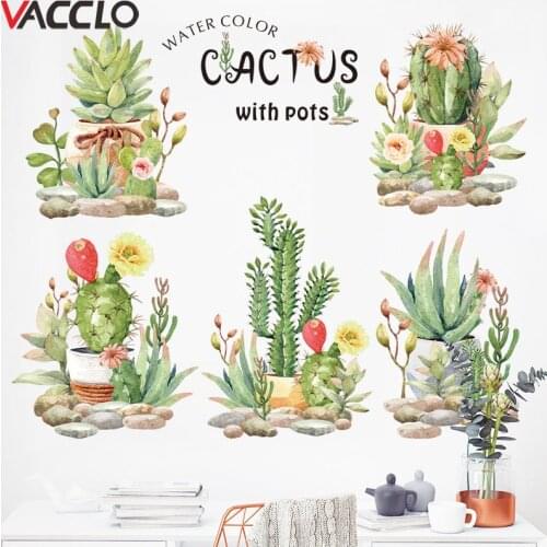 Vacclo Succulent Cactus Flower Pot Hand-painted Wall Stickers for Room Decor Self-adhesive Home Living Room Wall Decoration