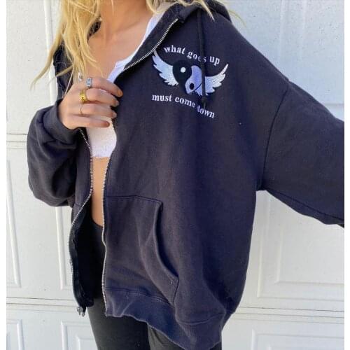 Womens Hoodies Loose Style Jacket With Pockets Letters And Wings Embroidery Pattern Hooded Coat Womens Sweatshirts Streetwear