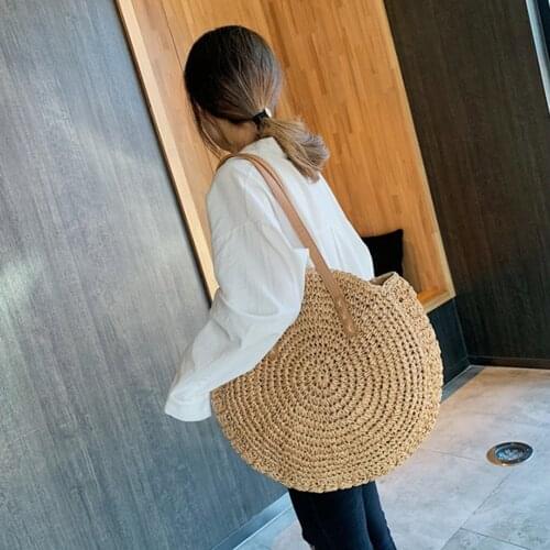 Women Simple Summer Holiday Straw Woven Round Shoulder Shopping Bags Casual Ladies Beach Vacation Large Capacity Tote Handbags