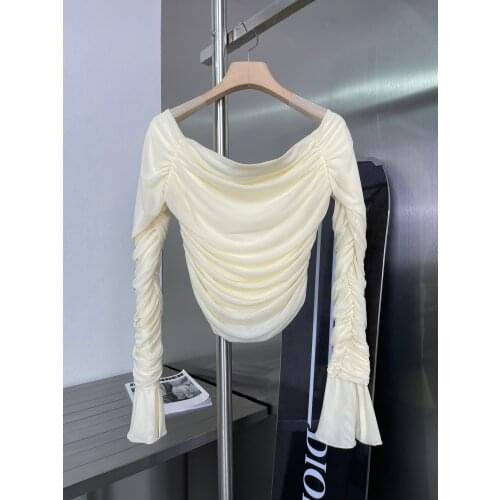 Fashion women 2021 new long-sleeved sexy casual solid color red one-shoulder net gauze top 0401