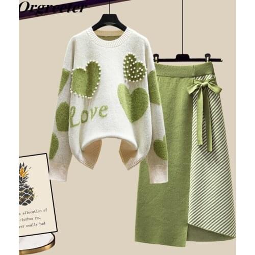 Newest Lazy Sweater Two Piece set Women Sweet Heart-shaped beaded Pullover Jumper Top + Irregular Striped Skirt Knit 2PCS Sets