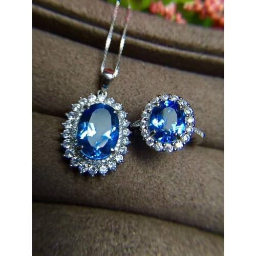 Natural blue topaz ring Pendant Natural Gemstone Jewelry Set 925 Silver Fashion big luxuriou Diana round Women party jewelry