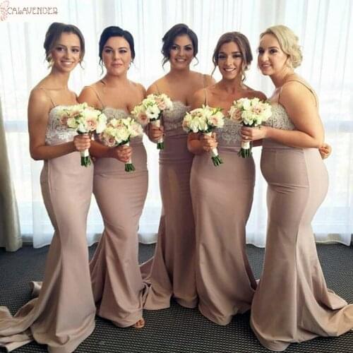 Spaghetti Taupe Bridesmaid Dresses Mermaid Lace Appliques robe demoiselle d honneur femme Fall Wedding Guest Dresses