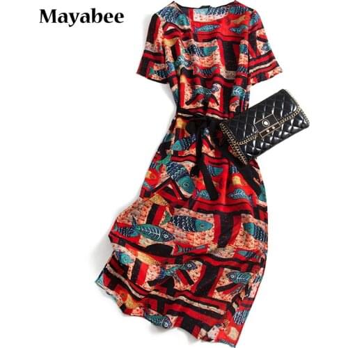 Retro Print 2021 Spring New Temperament Round Neck Silk Short Sleeve Womens Mid-Length Dress