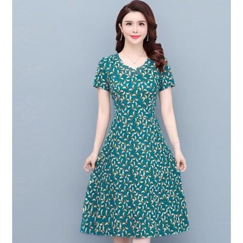2021 New Summer V Neck Print Party Dress Women Vintage Short Sleeve Midi Dress Female A-Line Dress Elegant