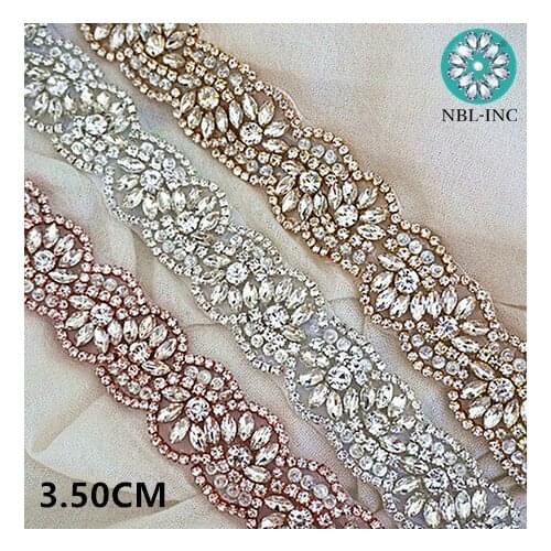 10 yards)Wholesale bridal beaded sewing rose gold crystal rhinestone applique trim iron on for wedding dress sash belt WDD0319