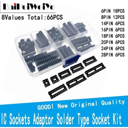 66PCS/BOX DIP IC Sockets Adaptor Solder Type Socket Kit 6,8,14,16,18,20,24,28 PIN for NE555 74HC IC Adaptor Connector Sockets