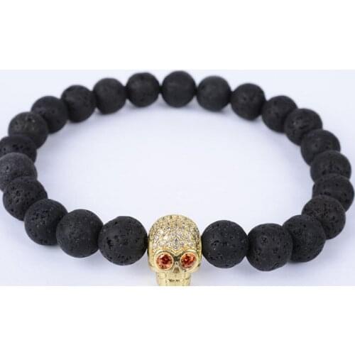 8mm vy43 silver gold copper skull micro pave cz zircon cubic zirconia Bracelet black volcanic lava stone Buddha Yoga Bangles